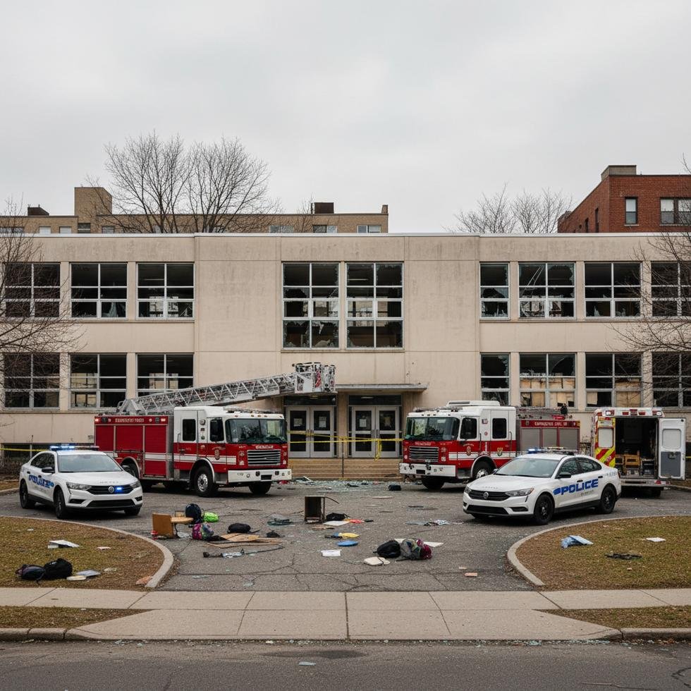 Okulun önünde acil durumda müdahale araçları