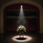 Boş bir tiyatro sahnesi ve çiçeklerle dolu bir sahne.