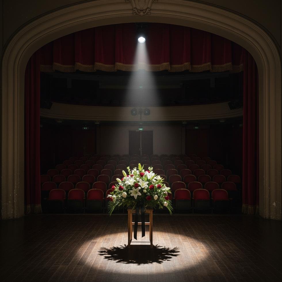 Boş bir tiyatro sahnesi ve çiçeklerle dolu bir sahne.