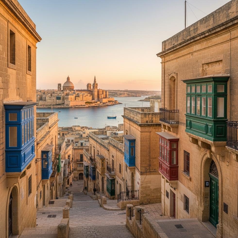Valletta şehir manzarası ve tarihi yapılar