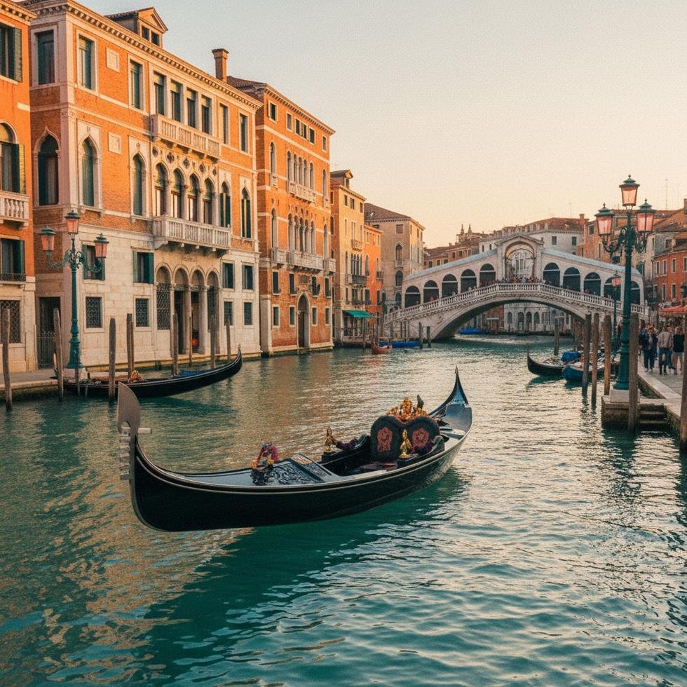 Venedik kanalları ve gondollar ile meşhur tarihi şehir manzarası