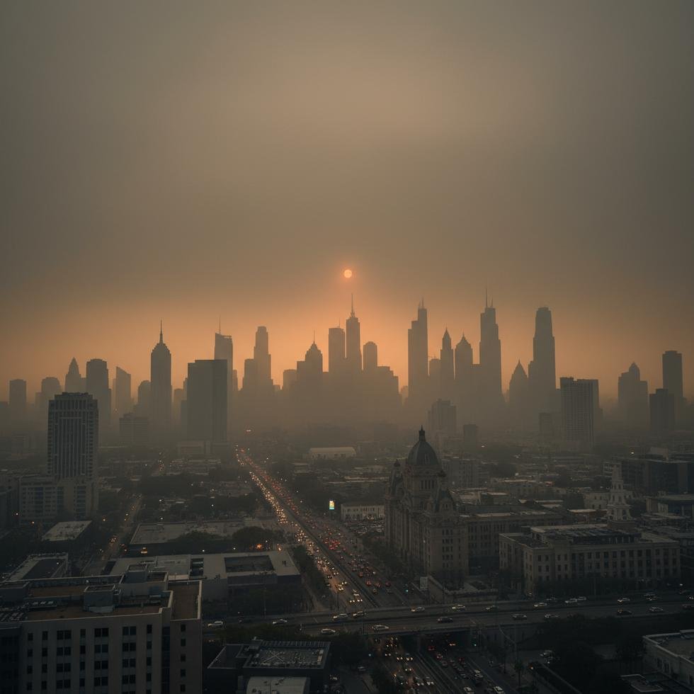 Dumanla kaplanmış bir şehir silüeti