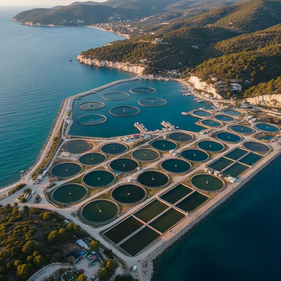Antalya'da kurulan balık üretim tesisinin havadan görünümü