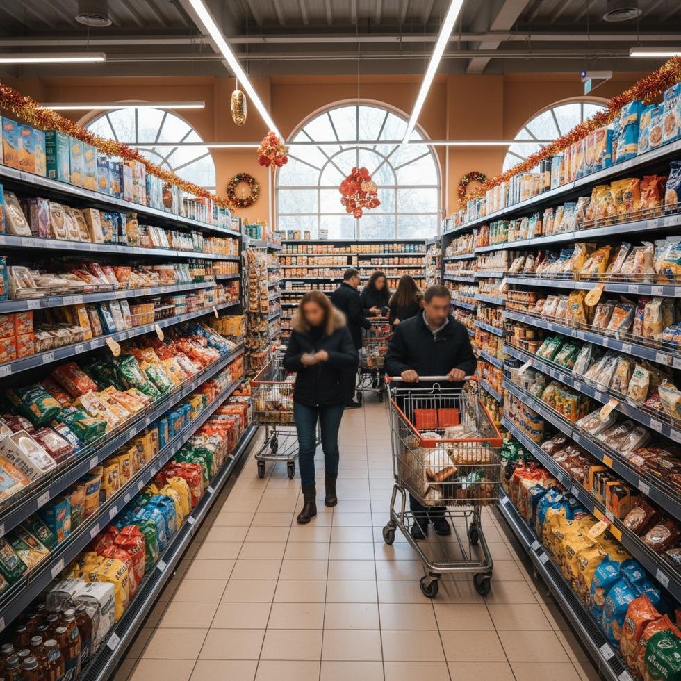 Bayram döneminde bir markette alışveriş yapan insanlar