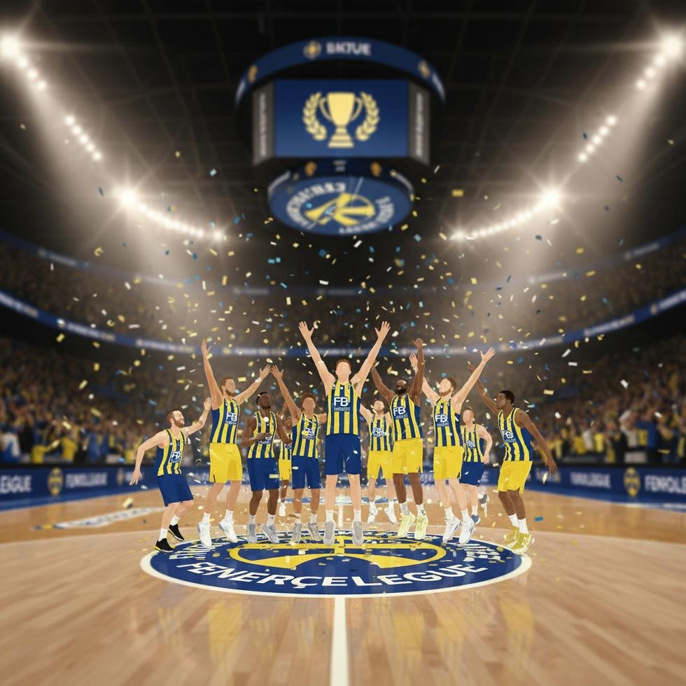 EuroLeague maçında zafer kutlayan Fenerbahçe Beko oyuncuları.