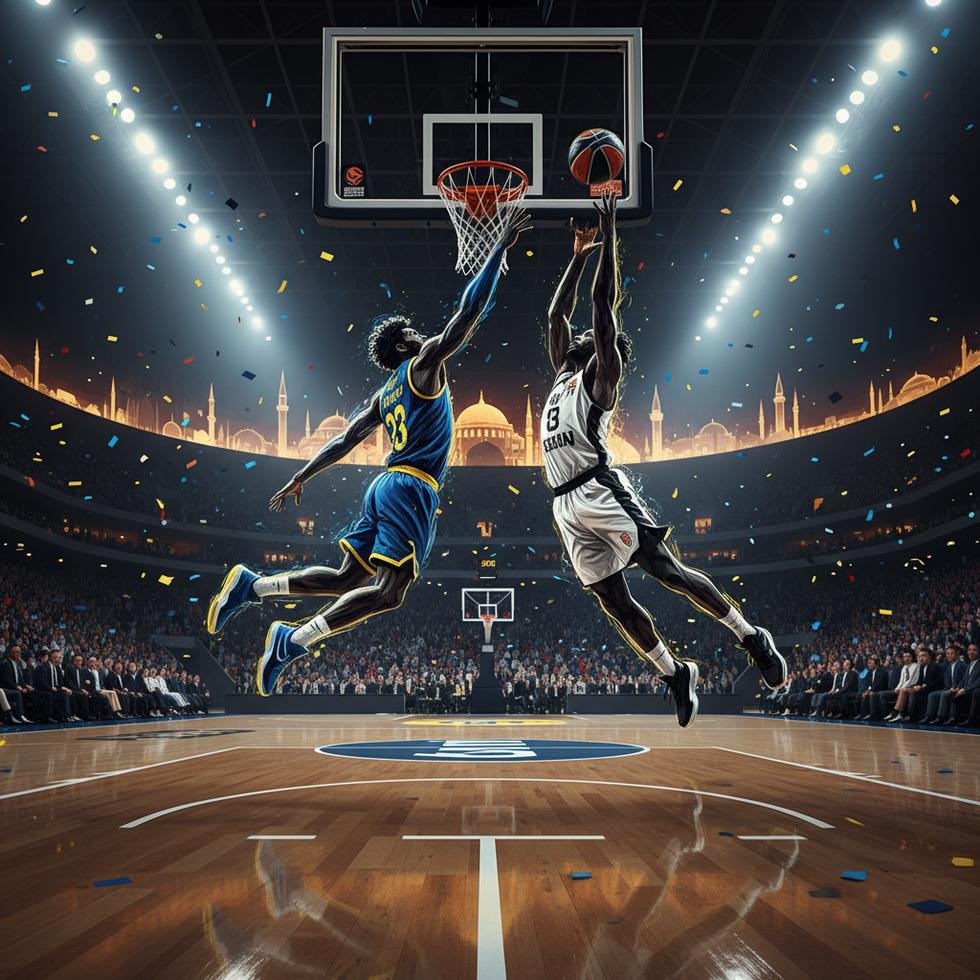 İstanbul'daki basketbol maçında oynayan oyuncular