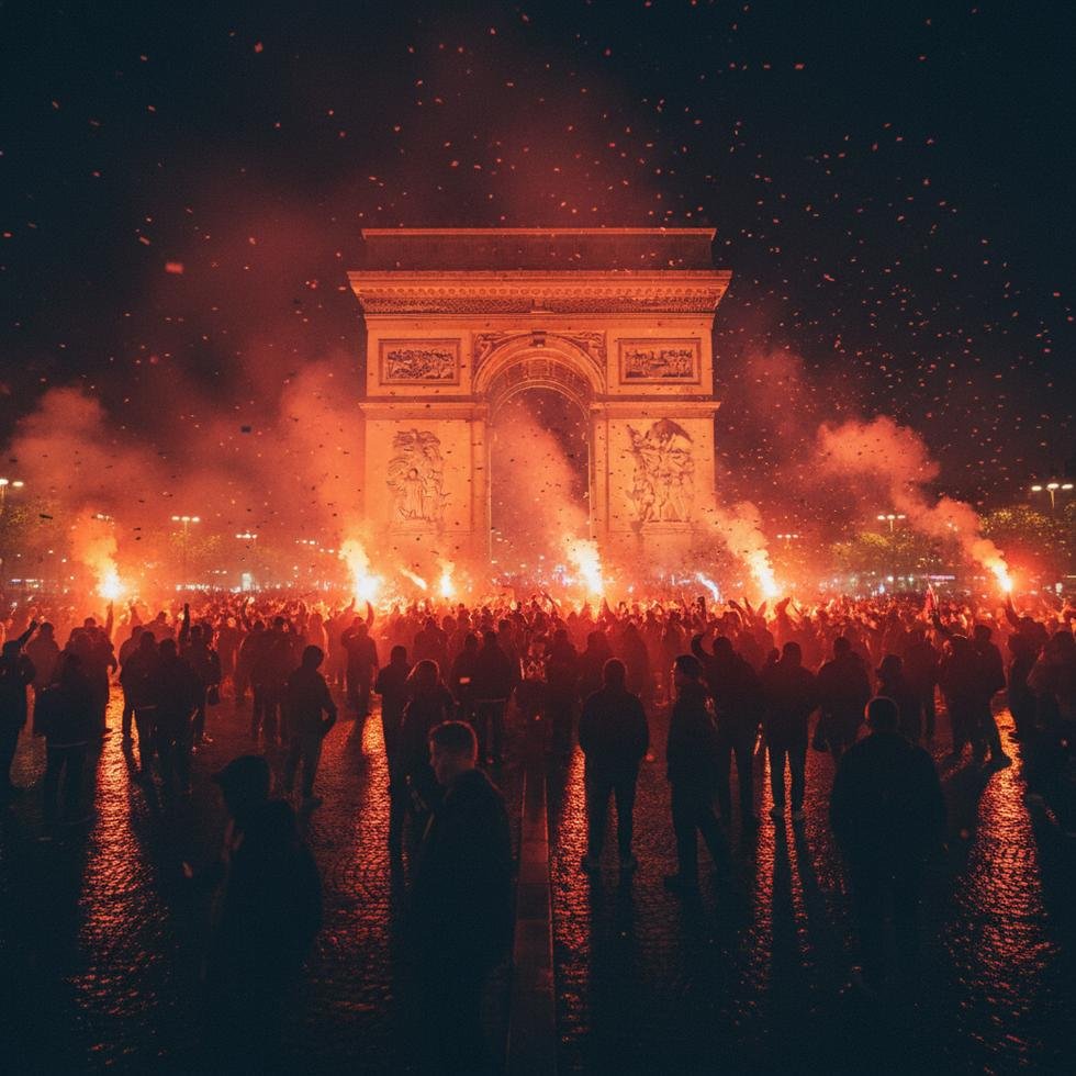 Paris'te gece vakti Şampiyonlar Ligi kutlamaları yapan futbol taraftarları.