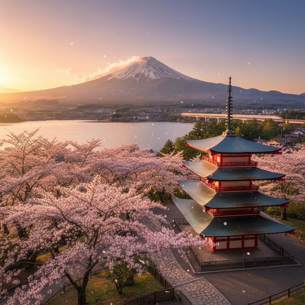 Fuji Dağı ve Japonya manzarası.