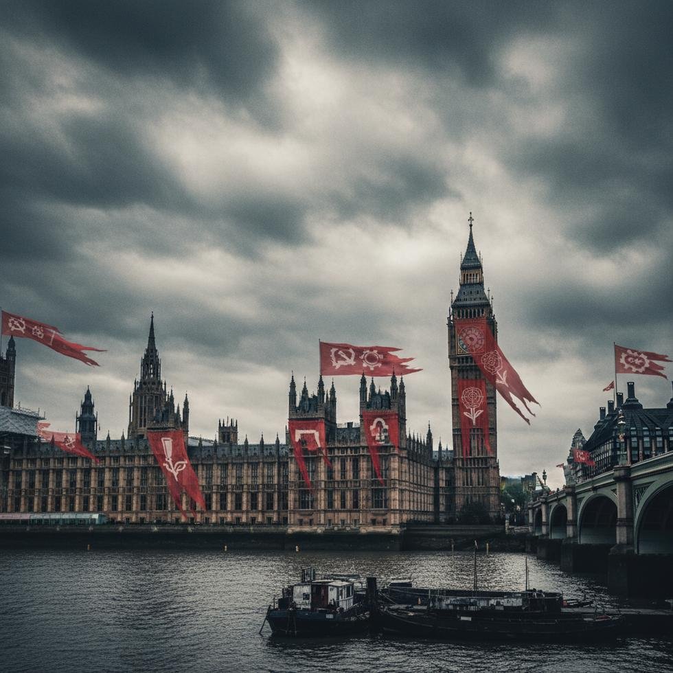 UK Parliament building with political banners