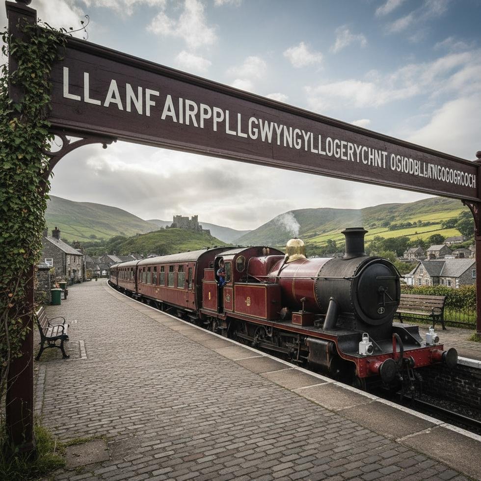 Llanfairpwll köyündeki ünlü tren istasyonu tabelası