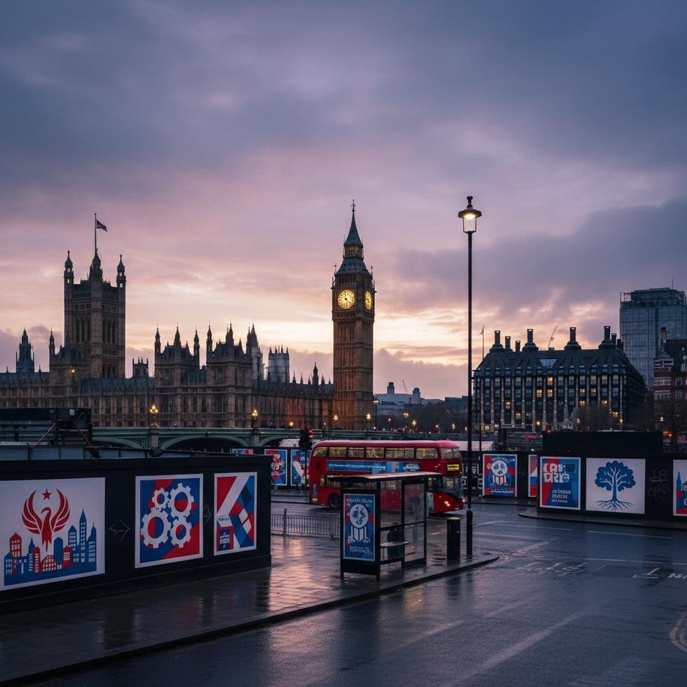 Londra'da politik kampanya afişleriyle dolu bir sokak görüntüsü