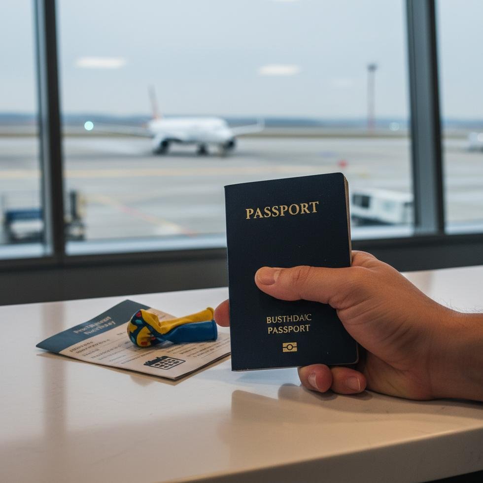 Havaalanında pasaportunu kontrol eden üzgün bir yolcu