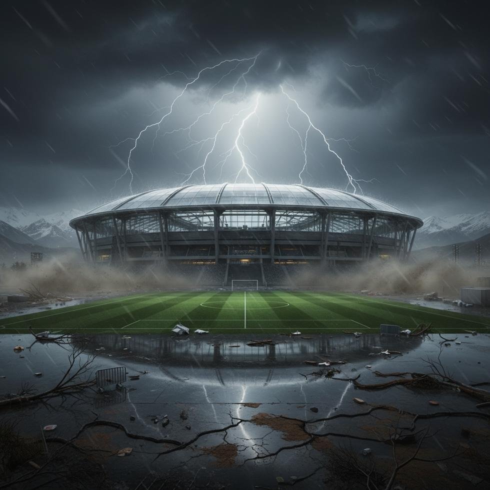 Şiddetli hava koşulları altındaki futbol stadyumu