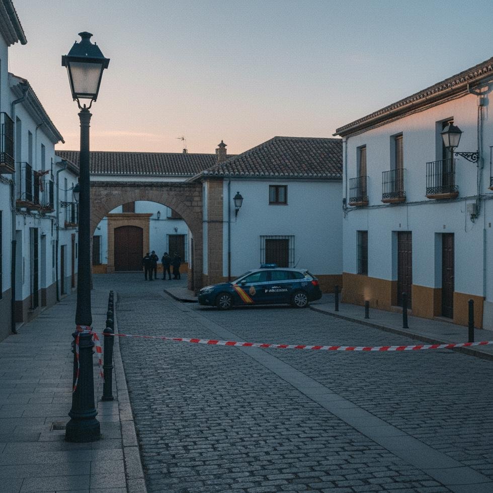Spanish police vehicles at a crime scene after a shooting.