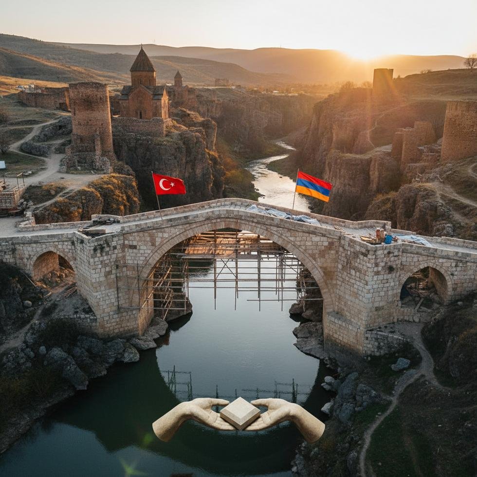 Ani Köprüsü üzerinde Türkiye ve Ermenistan bayrakları