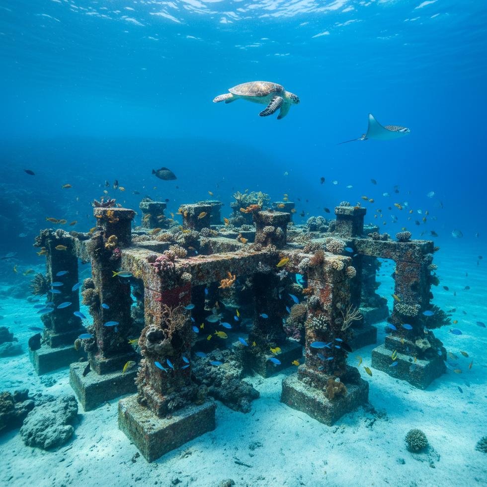 Diverse marine life around an underwater artificial reef