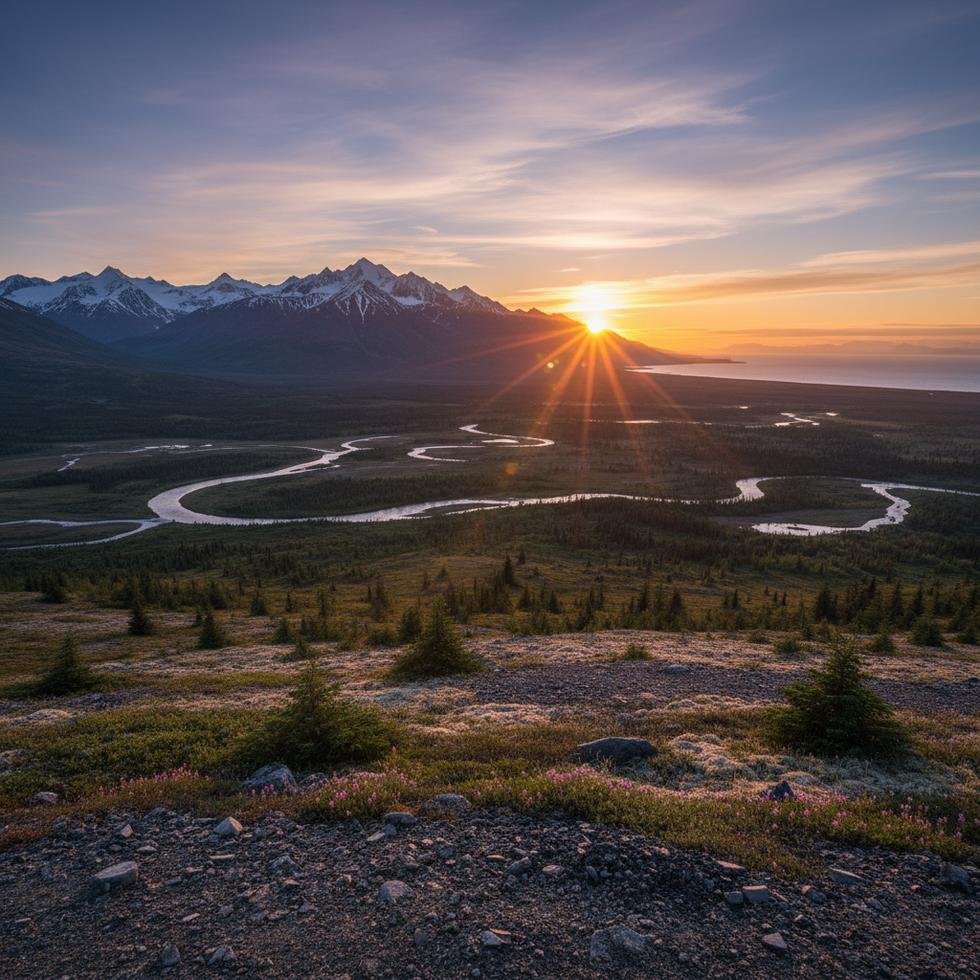 Alaska'da gece yarısı güneşi altında bir manzara