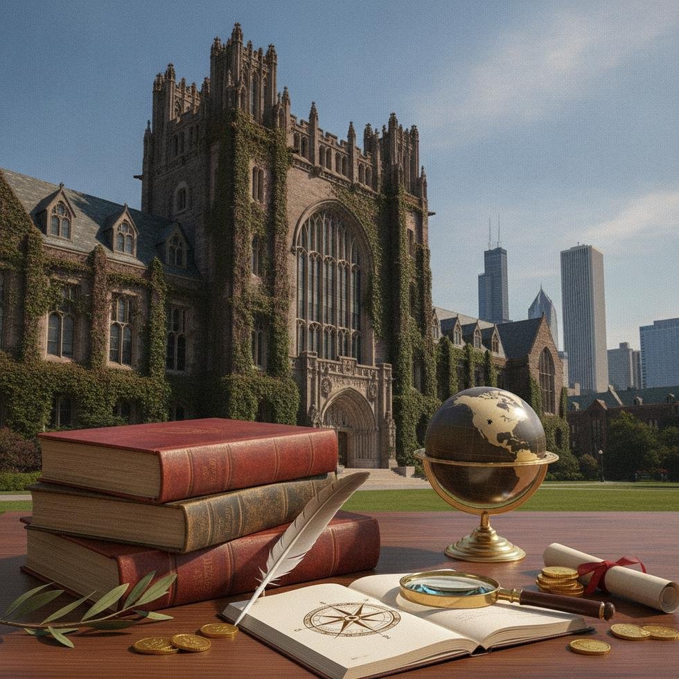 Chicago Üniversitesi kampüsünden genel görünüm ve öğrenciler