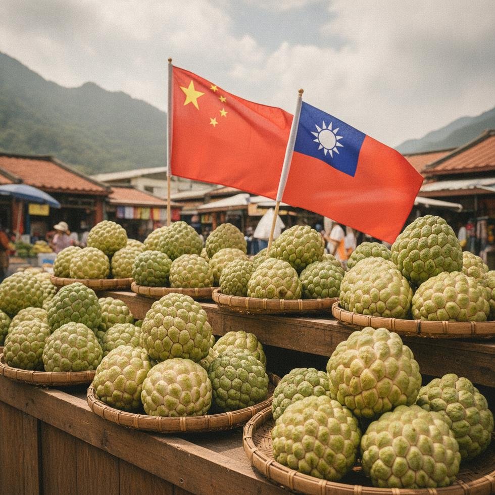 Çin ve Taiwan bayraklarıyla markette sergilenen atemoyalar