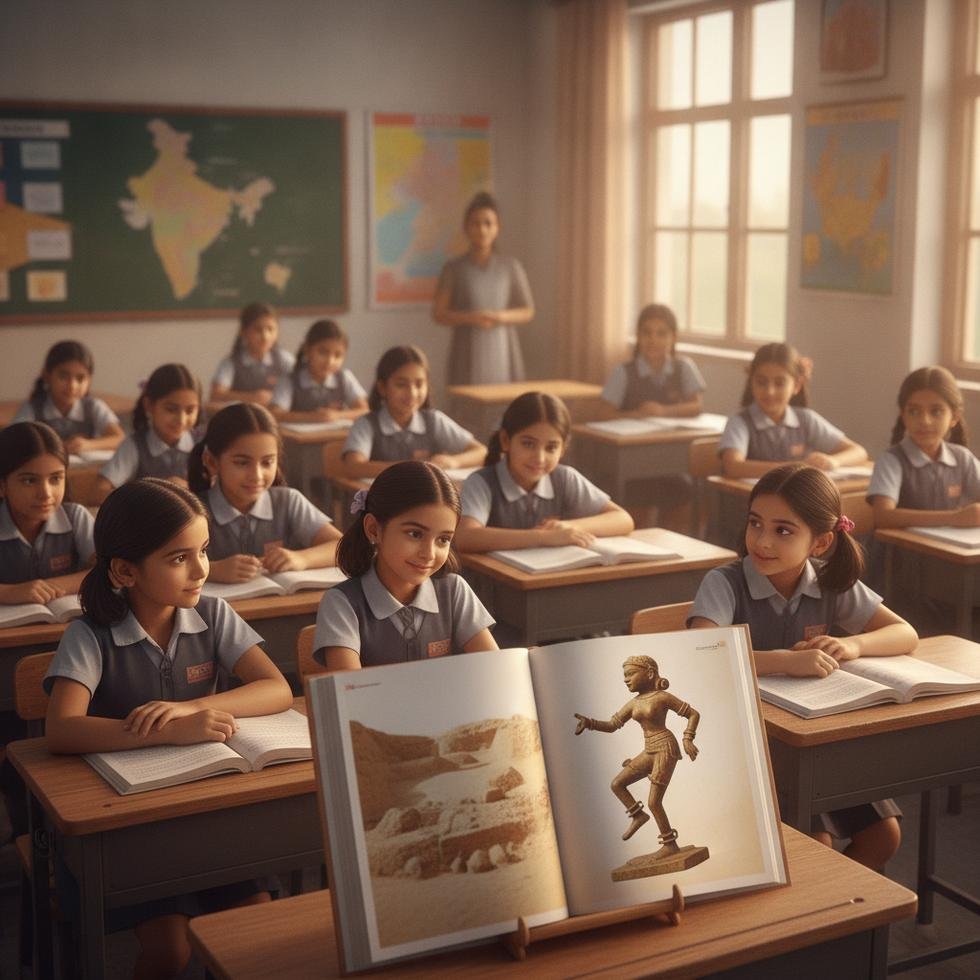 Students examining a textbook with the restored 'Dancing Girl' image.