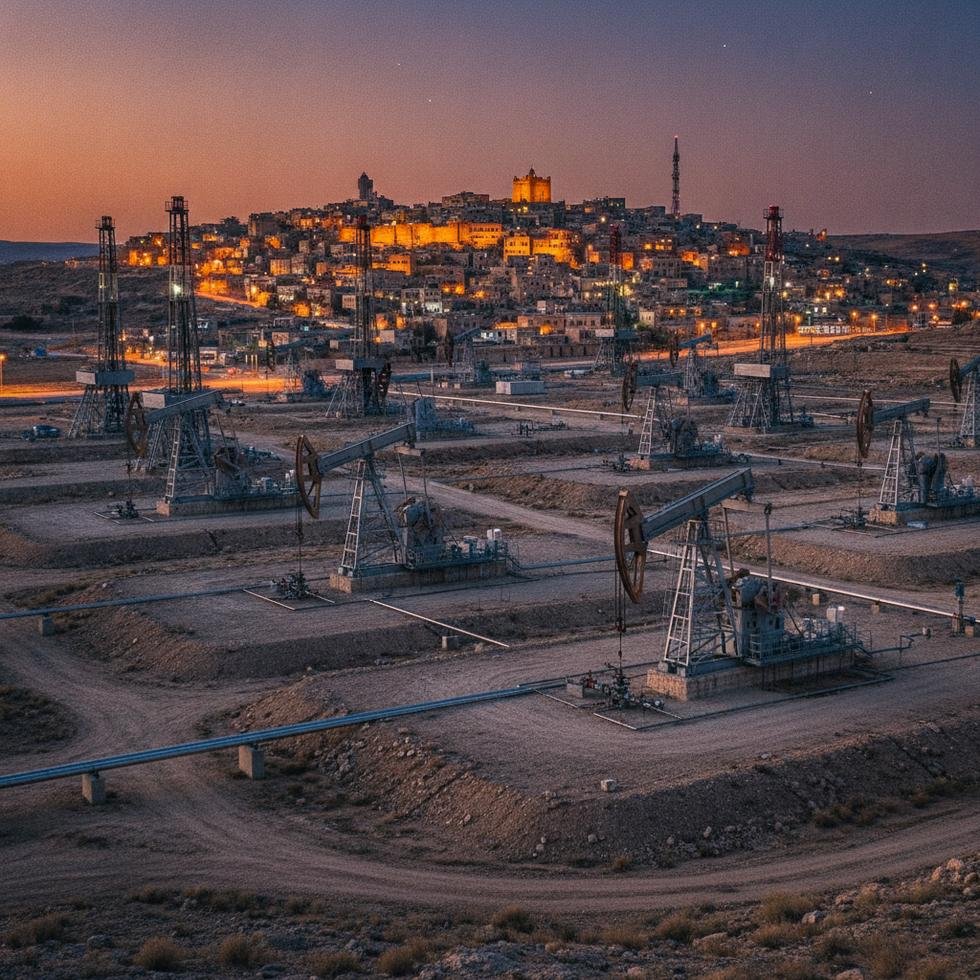 Mardin'deki petrol sahasında yer alan petrol kuyuları ve ekipmanlar