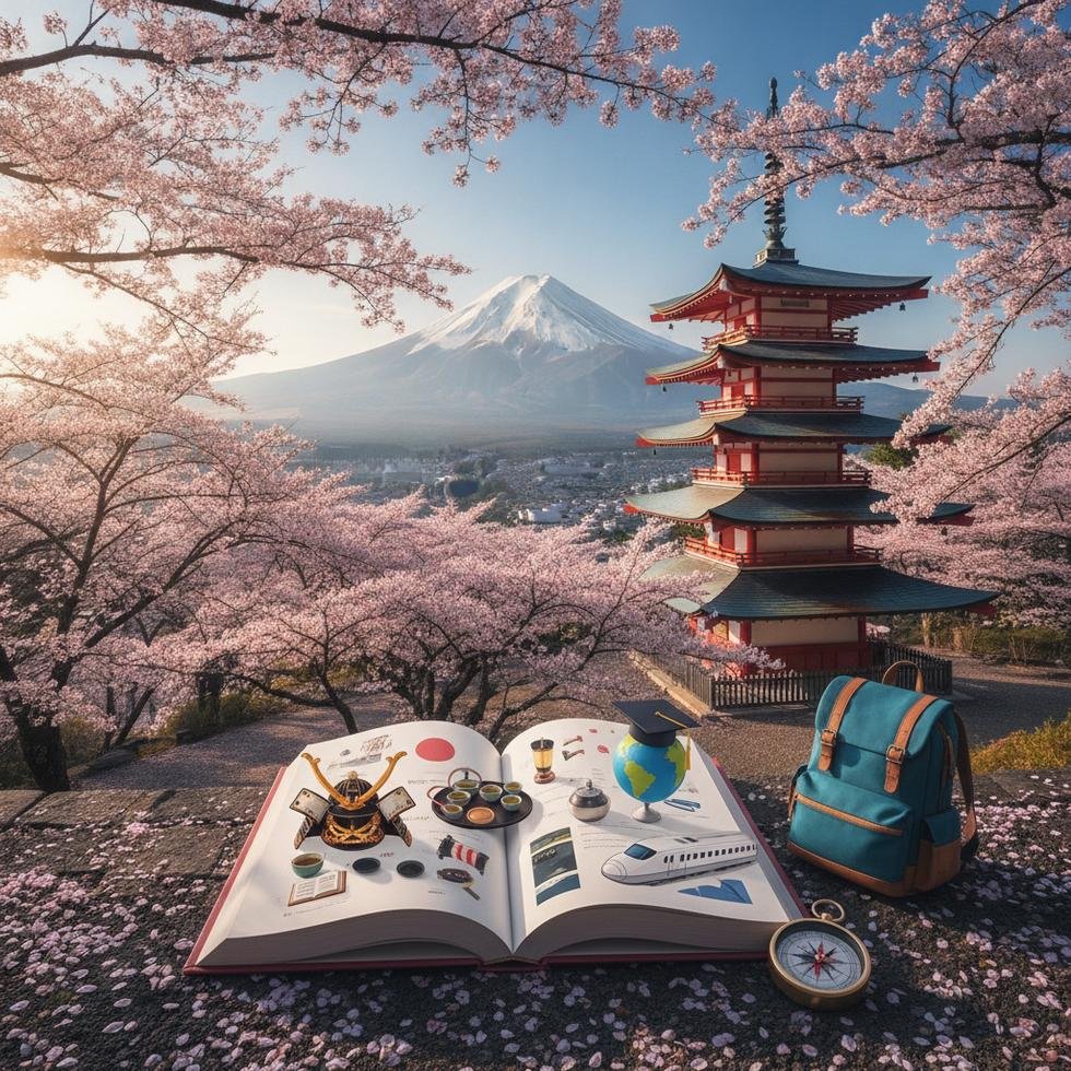 MEXT Bursu rehberi için Japonya bayrağı ve öğrenciler