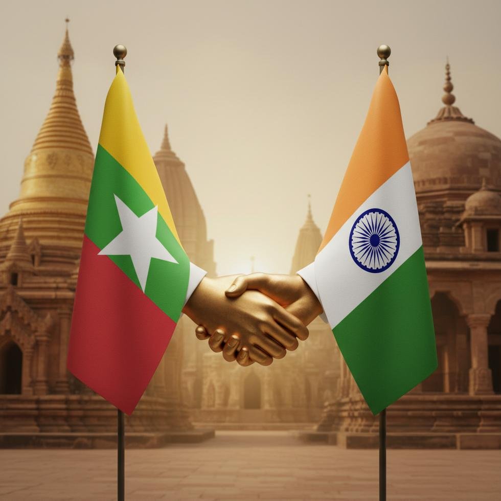 Myanmar ve Hindistan bayrakları yan yana el sıkışma