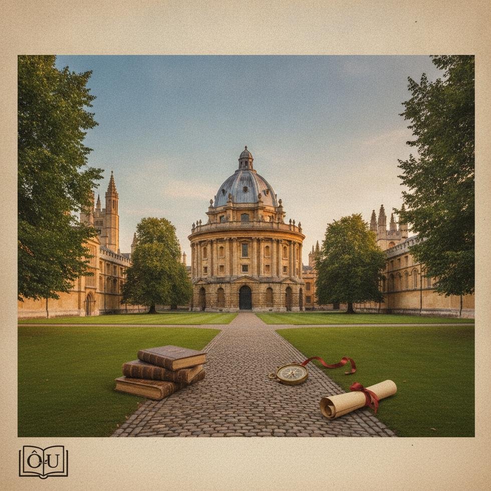 Oxford Üniversitesi kampüsünde tarihi binalar ve yeşil alan
