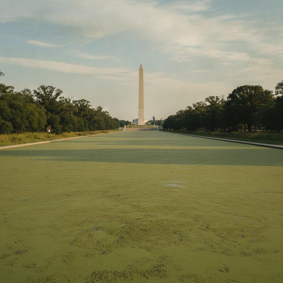 Yosun kaplı Reflecting Pool ve arka planda Washington Anıtı