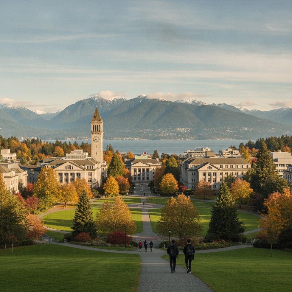 British Columbia Üniversitesi kampüs görünümü ve öğrenciler