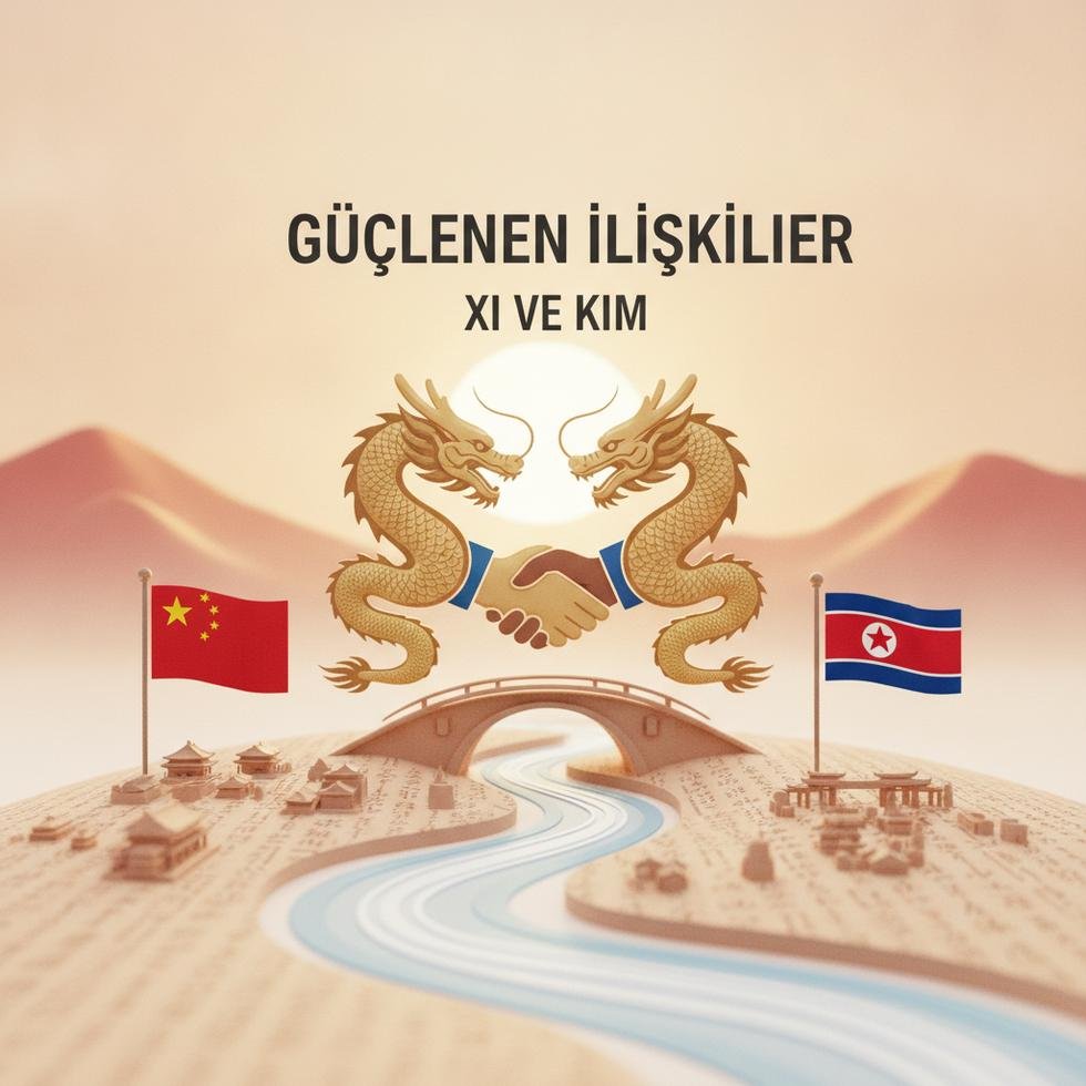 Xi Jinping ve Kim Jong Un bir toplantıda el sıkışıyor