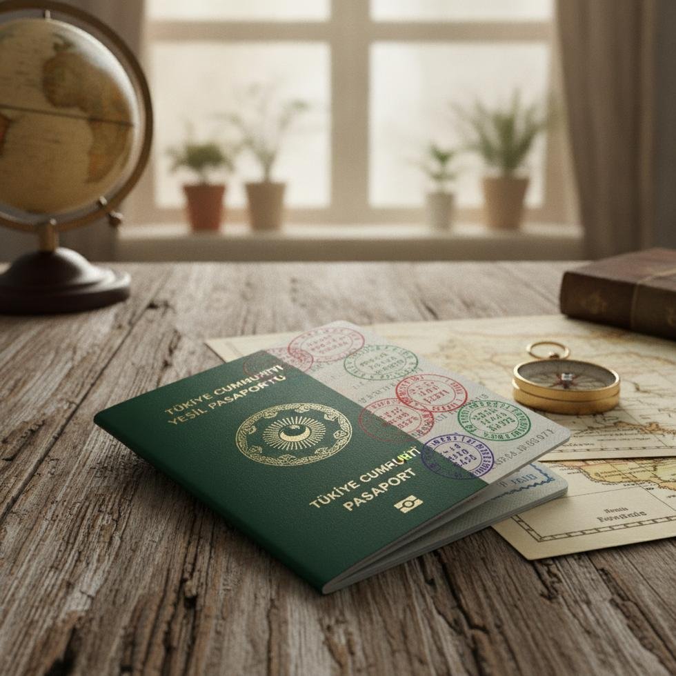 Yeşil pasaport ve vize damgaları olan pasaport