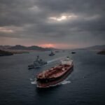 Hürmüz Boğazında petrol tankerleri ve deniz gemileri.