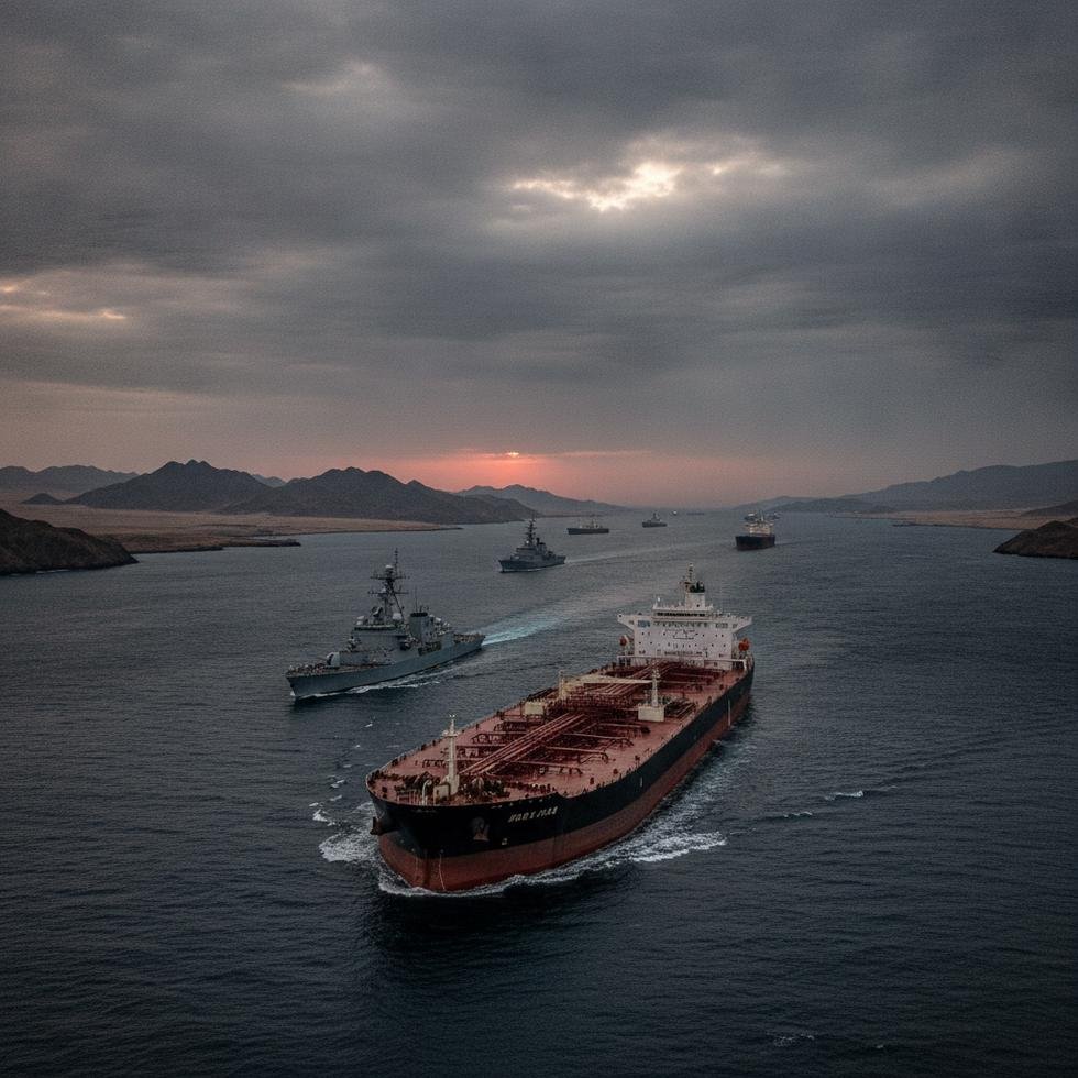 Hürmüz Boğazında petrol tankerleri ve deniz gemileri.