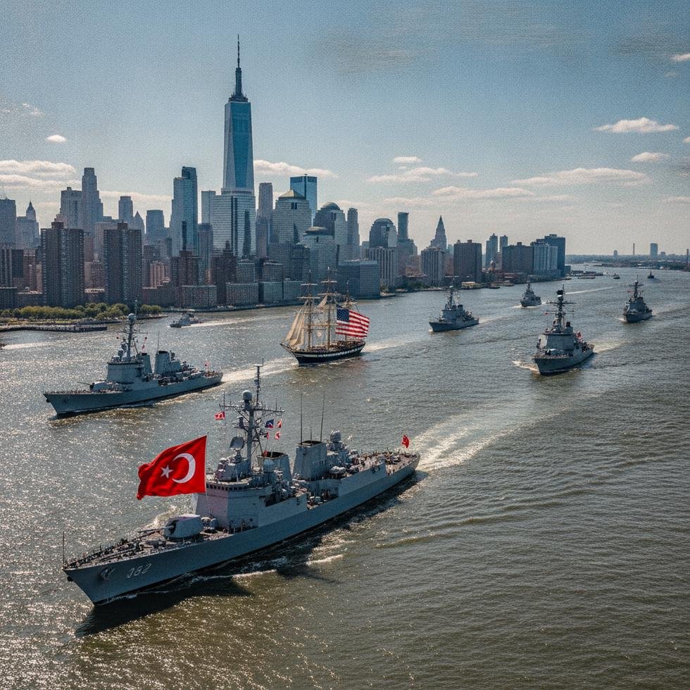 Hudson Nehri üzerinde deniz geçidinde Türk ve Amerikan gemileri