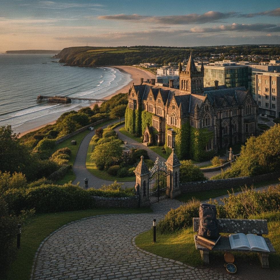 Aberystwyth Üniversitesi kampüsünden deniz manzaralı genel görünüm