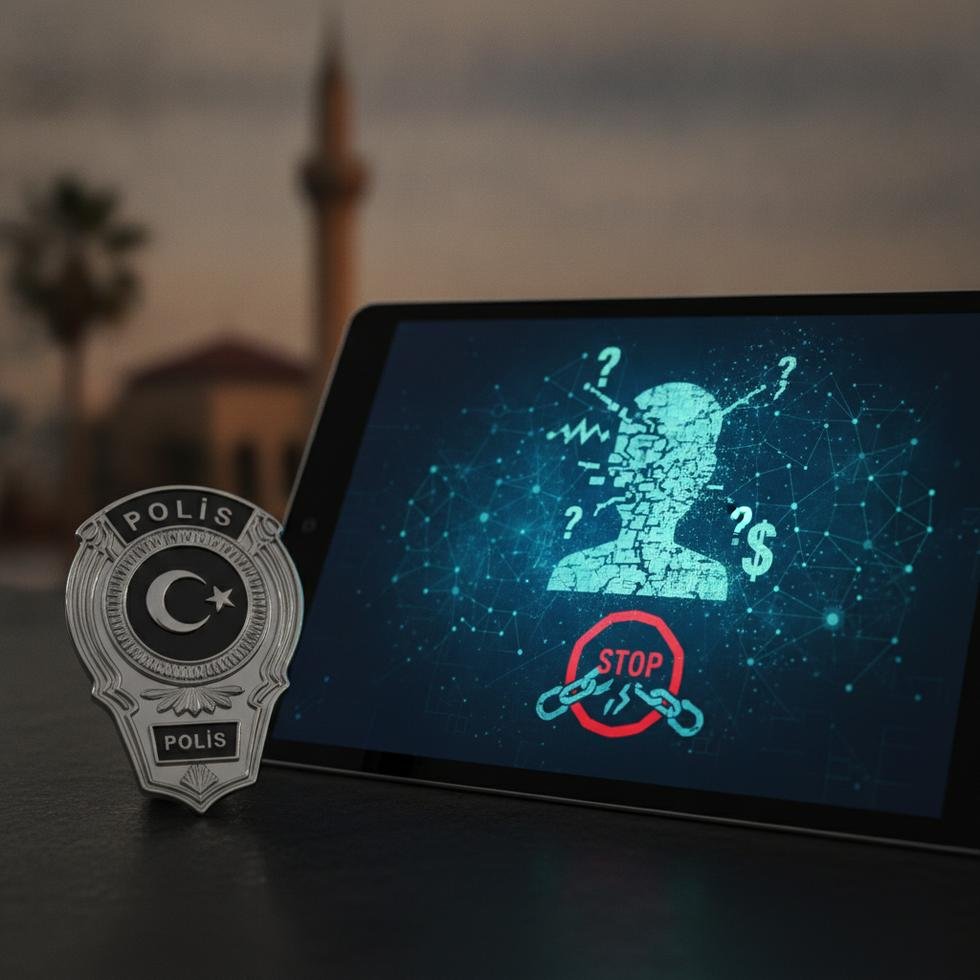Sanal dolandırıcılık operasyonu gösteren polis rozetli ekran