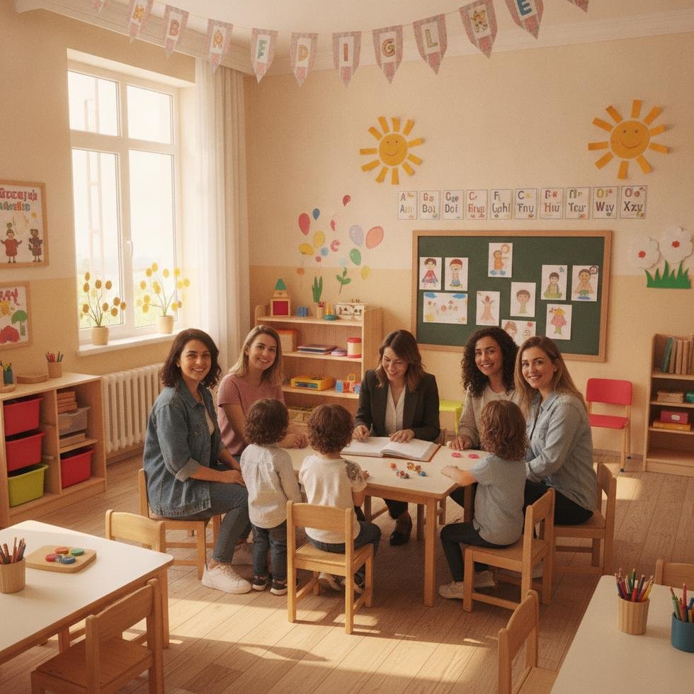 Anaokulu kaydı yapan veliler ve çocuklar
