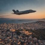 F-35 savaş uçağı şehir manzarası üzerinde uçarken