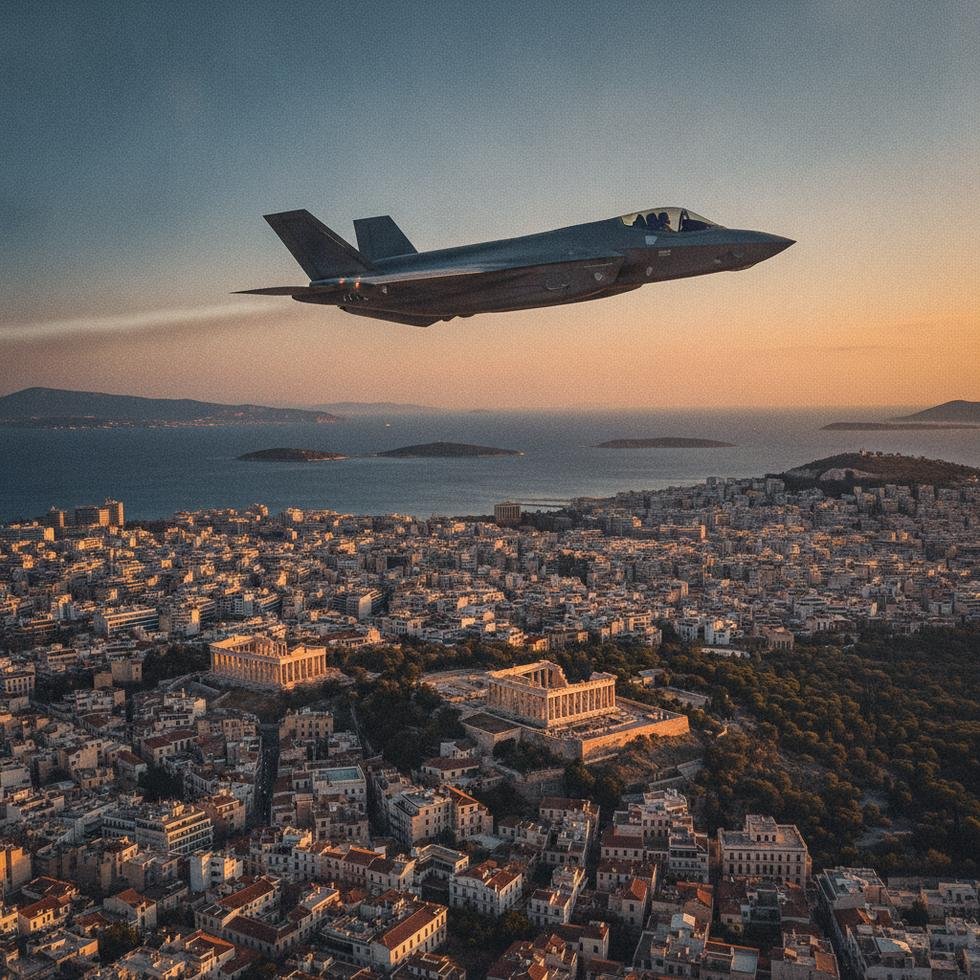 F-35 savaş uçağı şehir manzarası üzerinde uçarken