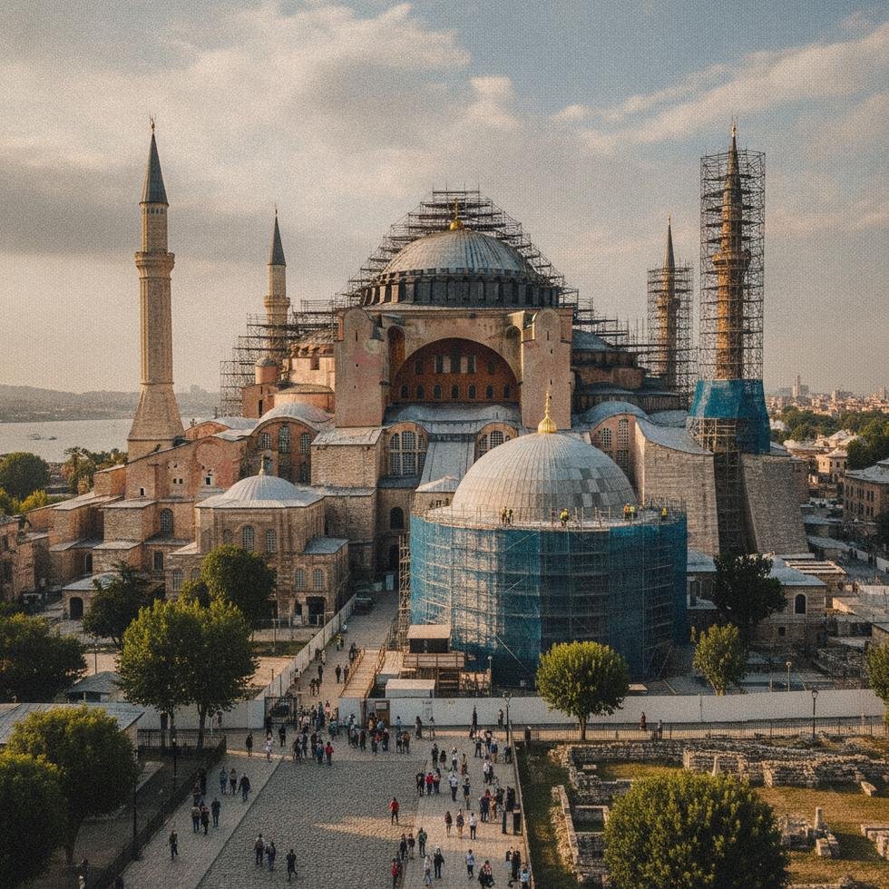 Restorasyon çalışmalarında iskelelerle Ayasofya.