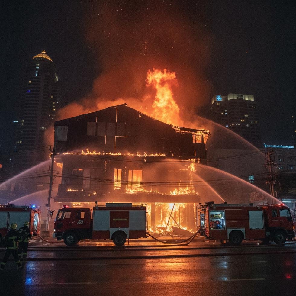 Bangkok'ta bir barda çıkan yangında itfaiyeciler alevlerle mücadele ediyor.