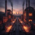 Çelik fabrikasında çalışan işçiler ve makineler
