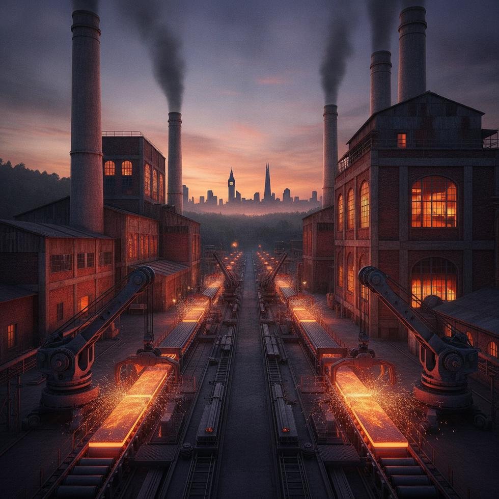 Çelik fabrikasında çalışan işçiler ve makineler