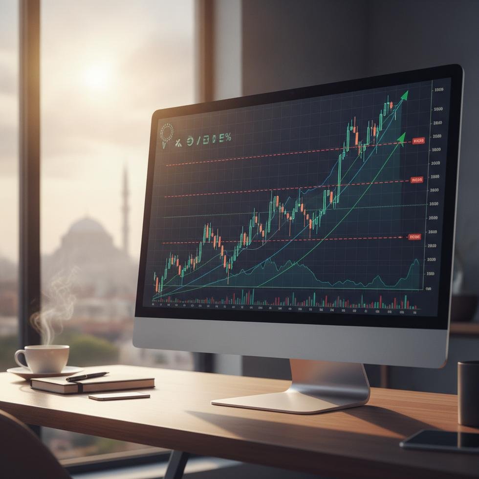 Bilgisayar ekranında yükselen trendlerle borsa grafiği
