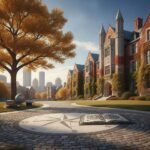 Boston College kampüsünden akademik binaların ve öğrencilerin genel görünümü