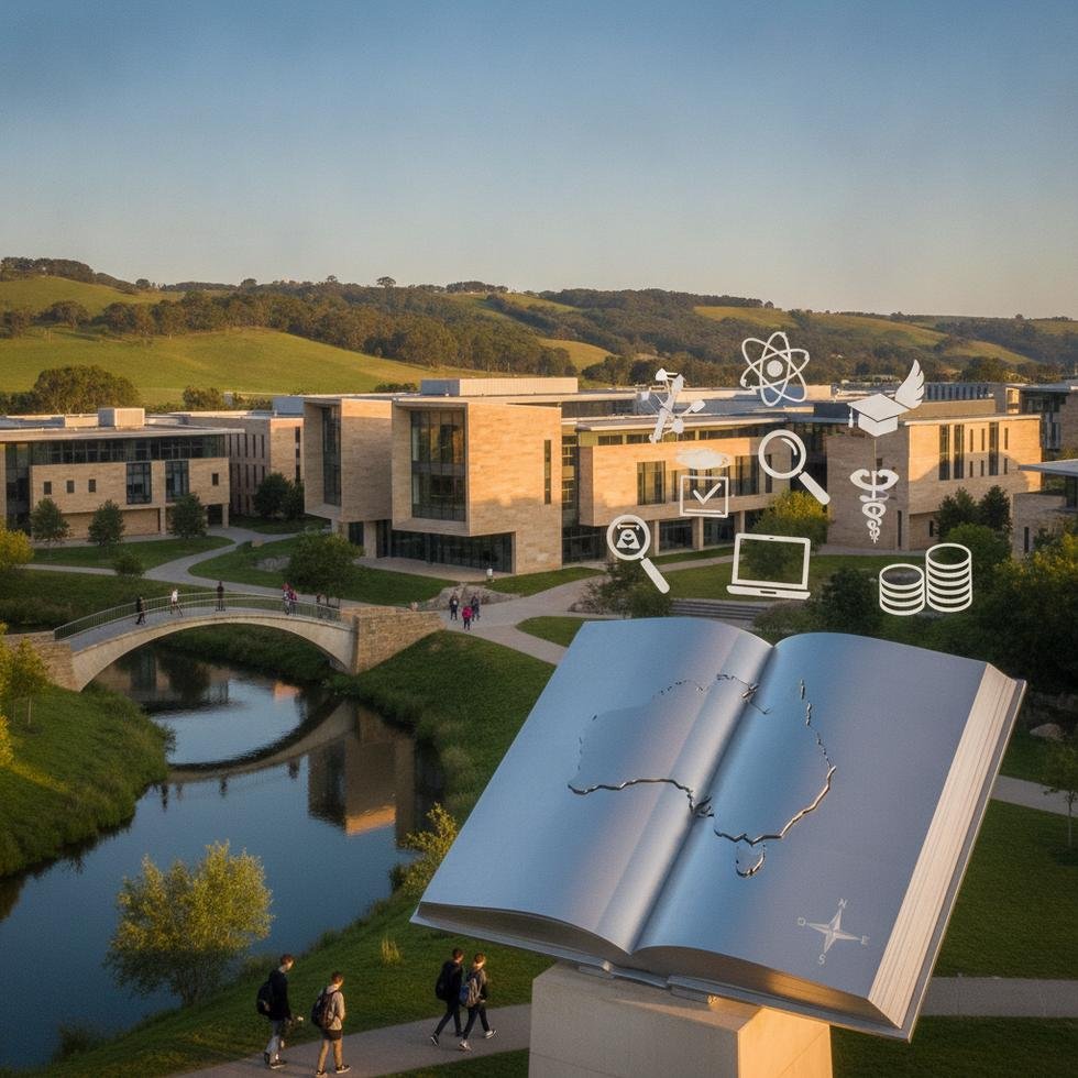 Charles Sturt Üniversitesi kampüs binası ve öğrenciler