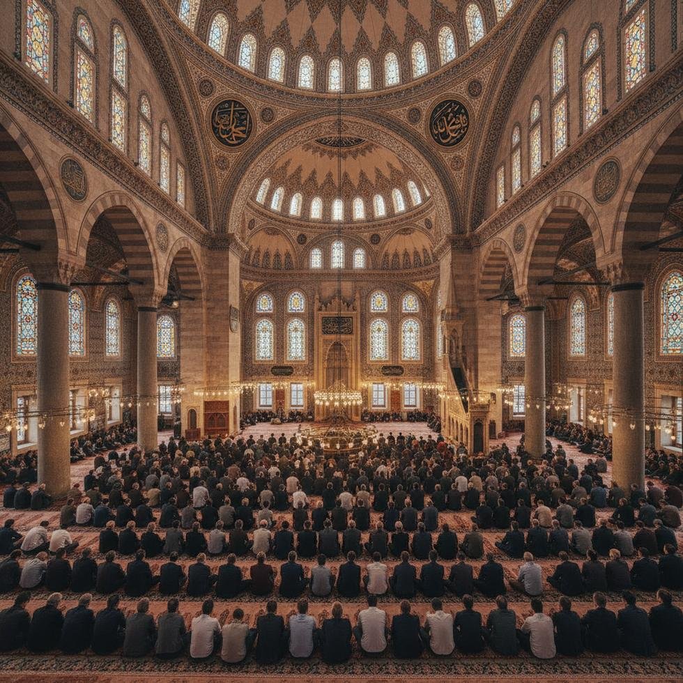 Türkiye'de bir camide hutbe dinleyen insanlar