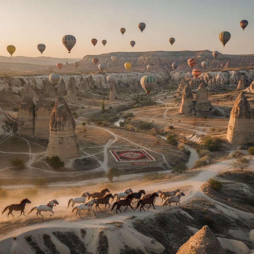 Kapadokya'da sıcak hava balonları eşliğinde at turu