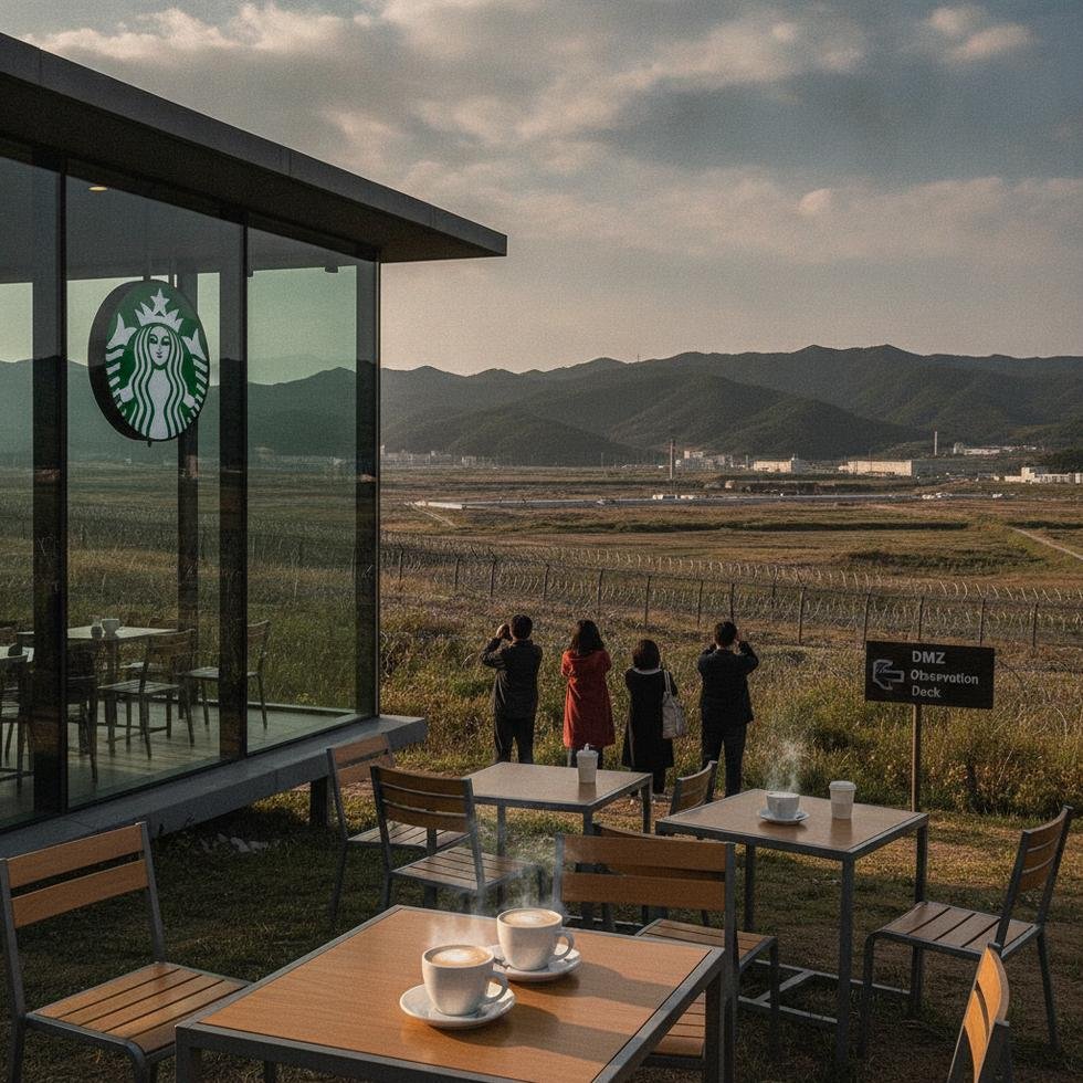 Kuzey Kore sınırına yakın bir Starbucks manzarası